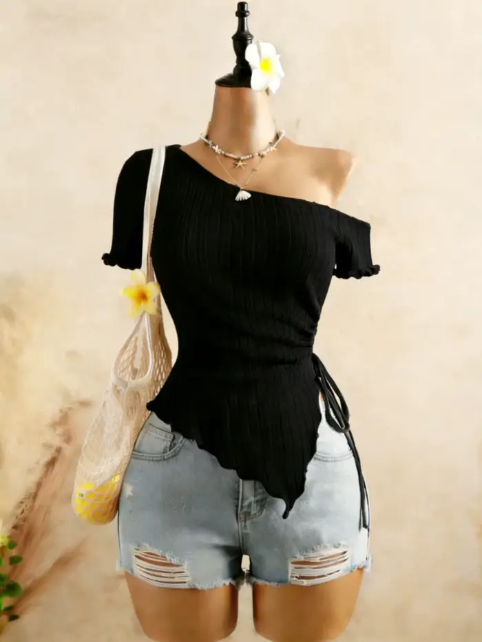 Haut asymétrique côtelé à une épaule pour femme