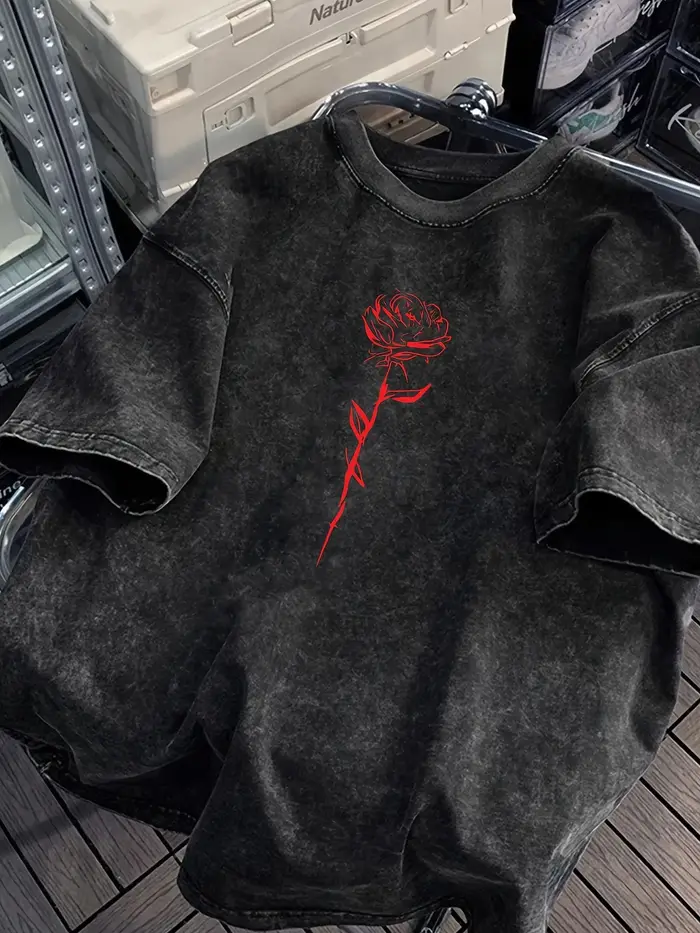 Lavé rouge Rose imprimé 100% coton hommes femmes T-shirt été automne quotidien Sports de plein air fête décontracté ample rue à manches courtes