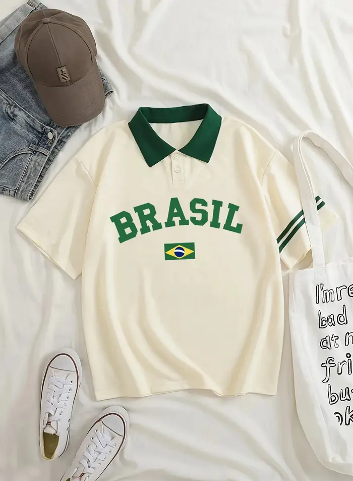 Drapeau brésilien imprimé col polo femme décontracté manches courtes à la mode