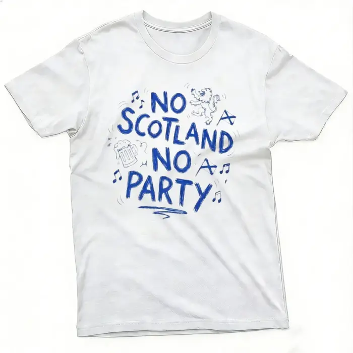T-shirt graphique « No Scotland No Party » – Drapeau écossais, croquis, note de musique – Pour les f