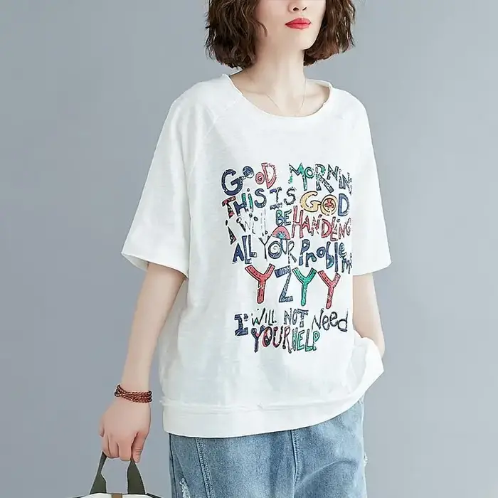 T-shirt manches courtes femme, ample et décontracté, en coton, avec lettres imprimées, art coréen, t