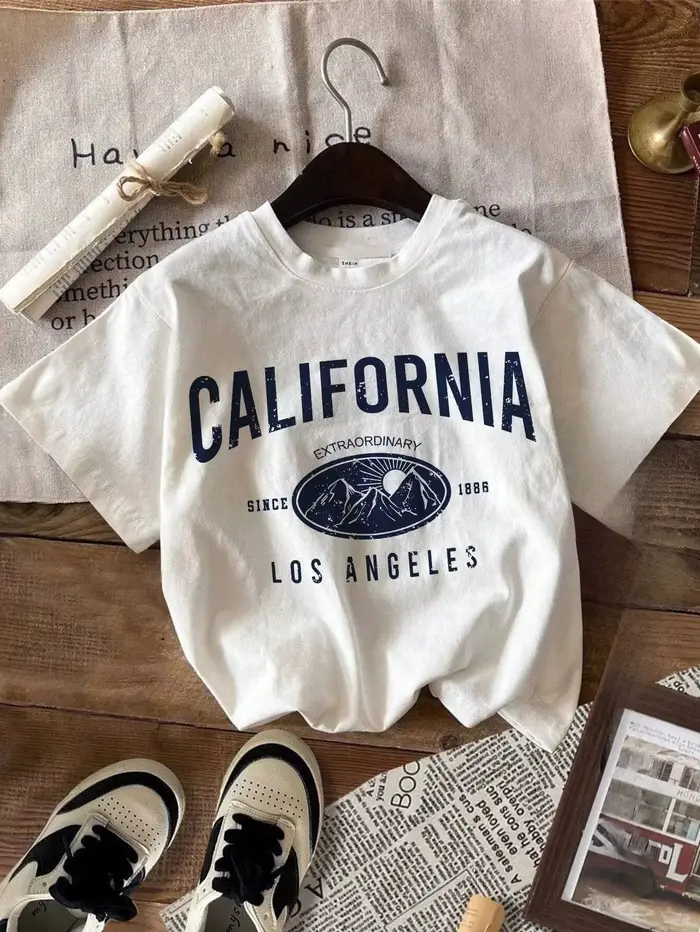 T-shirt d'été pour femme, style vintage américain, col rond, vêtements de mode de Los Angeles, haut décontracté streetwear pour femme