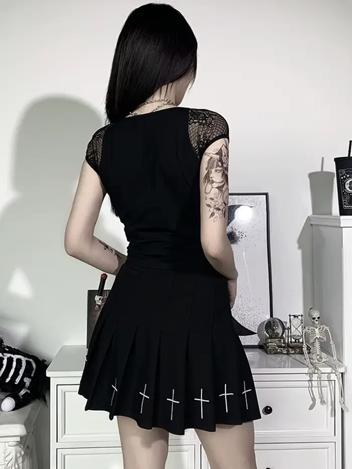T-shirt gothique Vintage pour femmes, moulant, Bandage, dentelle, maille noire, Sexy, décontracté, g