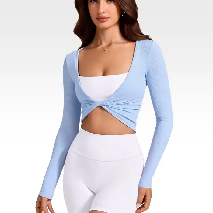 Haut court côtelé moulant pour femme, sexy, à torsion sur le devant, à manches longues, séchage rapide, pour le yoga, la gym, la course et l'entraînement, vêtement de sport