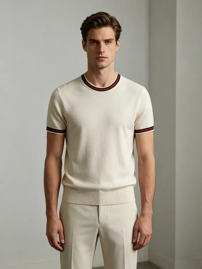 La chemise en tricot à manches courtes de couleur blanc clair convient à porter avec un pantalon