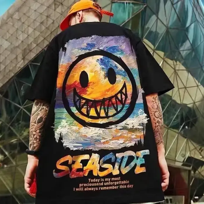 T-shirt ample 8XL tendance style vintage américain avec imprimé graffiti expressif