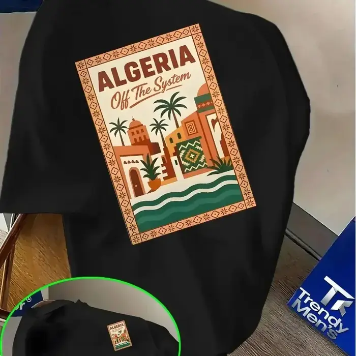 T-shirt rose à motif algérien pour hommes et enfants - Texte audacieux « Algérie » et design de paysage urbain
