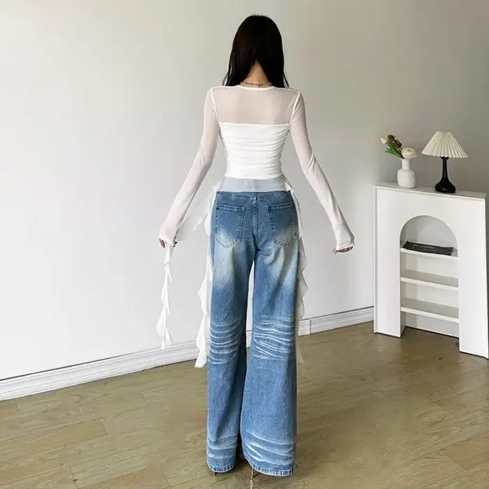 T-shirt manches longues à volants pour femmes
