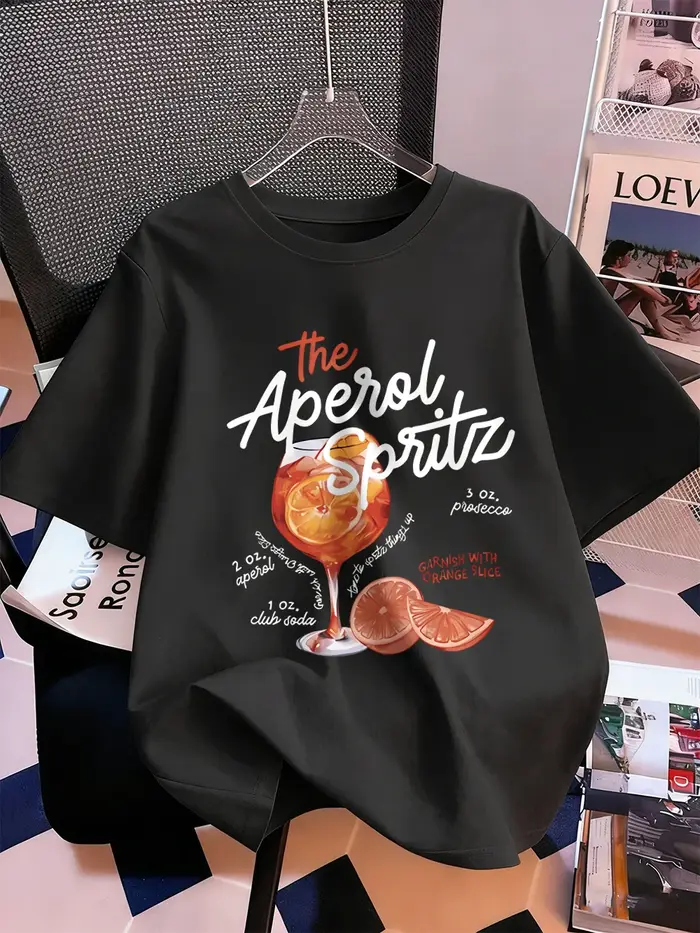 Aperol Spritz citron boisson imprime T-Shirt femmes coton été à manches courtes hauts confortable ample col rond