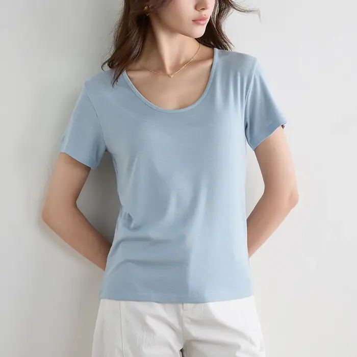 T-shirt en Lyocell pour femme, col en U, manches courtes, coupe slim, basique, décontracté, été