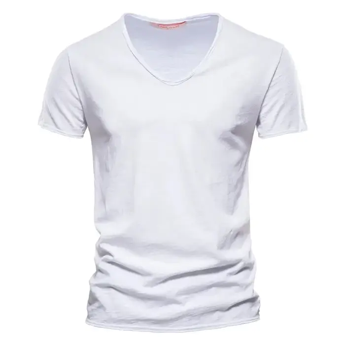 Marque qualité 100% coton hommes T-shirt col en v Design de mode coupe ajustée solide mâle hauts t-s