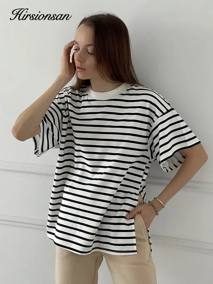 Hirsionsan – t-shirt oversize 100% coton pour femme, ample, rayé, fendu, décontracté, basique, été,