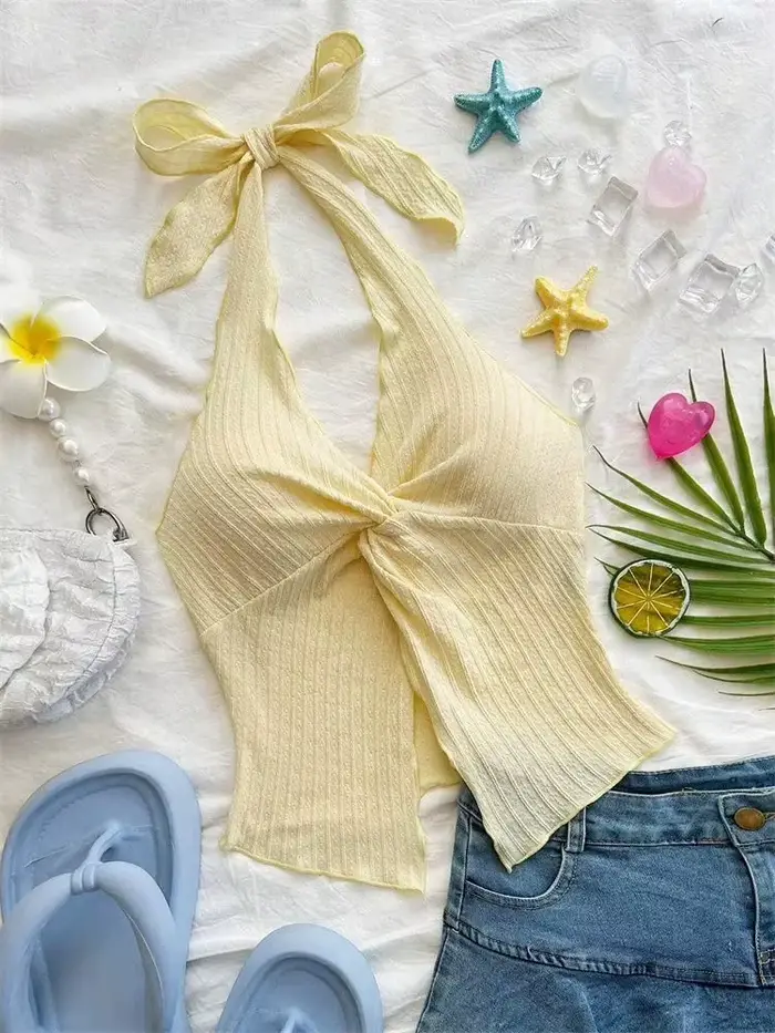 Haut jaune à col en v pour femmes, vêtements d'été Y2K, Sexy, sans manches, dos nu, haut court, Stre