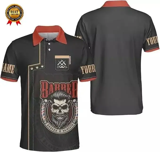 Polo de barbier à manches courtes pour hommes, vêtements de coiffeur, Cosplay, nom personnalisé, uni
