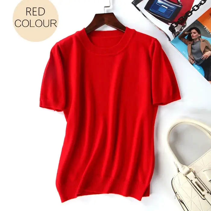 Pull tricoté à manches courtes et col rond pour femme