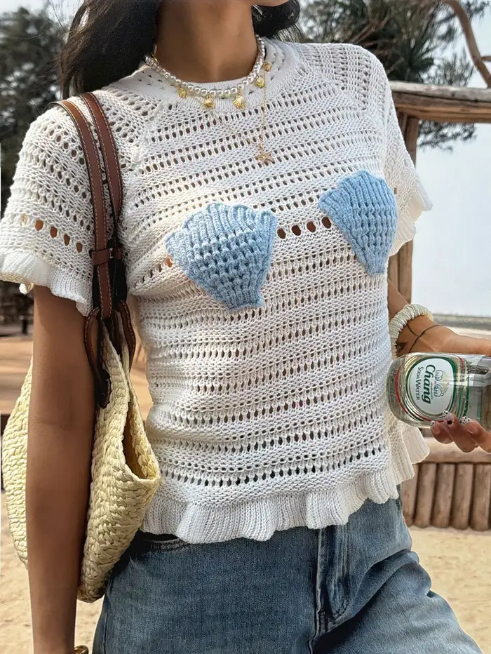 T-shirt style plage été 2026 pour femme, haut ample en crochet ajouré avec patchwork coquillage, man