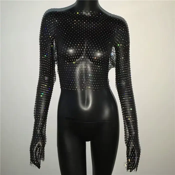 FestivalQueen femmes Sexy Bling évider résille grille t-shirt à manches longues en vrac femmes luxe 