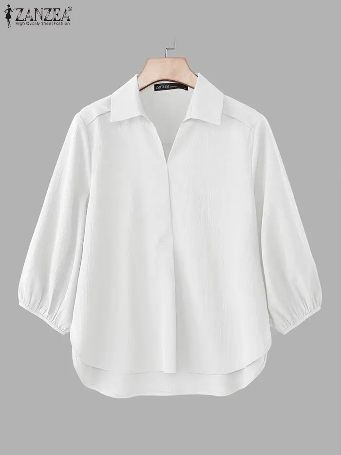 ZANZEA femmes chemisier asymétrique 3/4 lanterne manches couleur unie hauts mode col rabattu tunique décontractée été pull Blusa