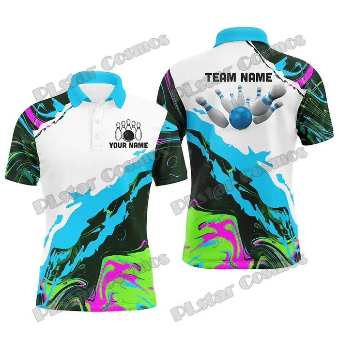 Camo Bowling Ball And Pins Option multicolore Nom personnalisé 3D Imprimé Polo pour hommes Été Unisexe