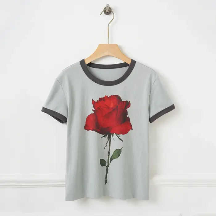 T-shirt Ringer Vintage à Imprimé Rose pour Femme, Décontracté, en Mélange de Coton, Manches Courtes,