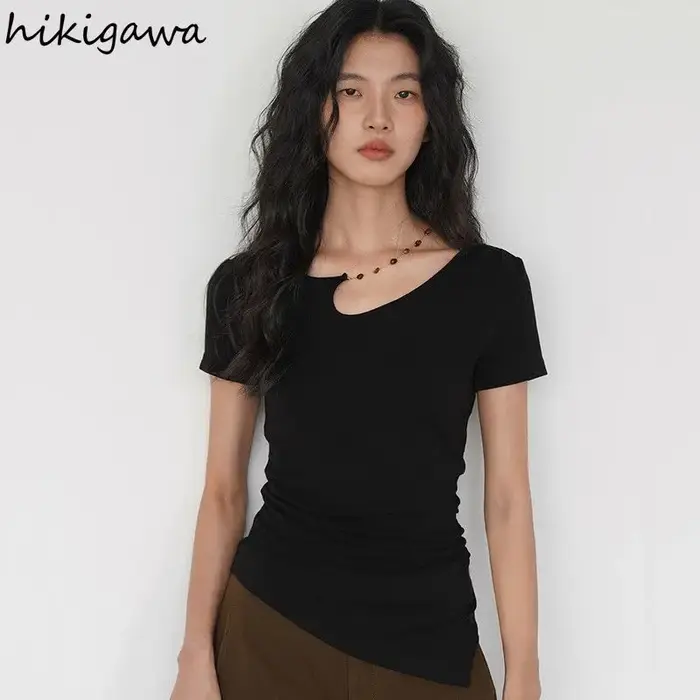 T-shirts Femme Noire 2026 – Tunique à Manches Courtes en Coton Y2K – Hauts Décontractés et Sexy pour l'Été – Style Coréen – Camisetas