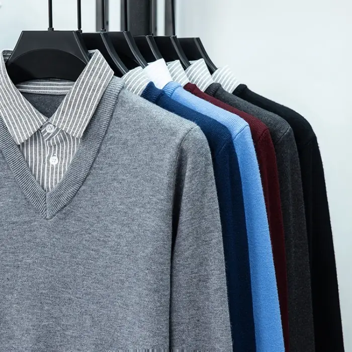 ​ ​ Pull en tricot à col de chemise pour hommes - Bleu clair (6 couleurs) Faux design à deux couches Style décontracté