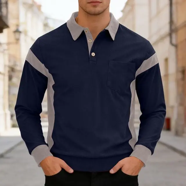 Nouveauté 2025 – Polos Homme Colorblock Tendance à Col Revers et Manches Longues avec Boutons pour Tenues Décontractées et Streetwear