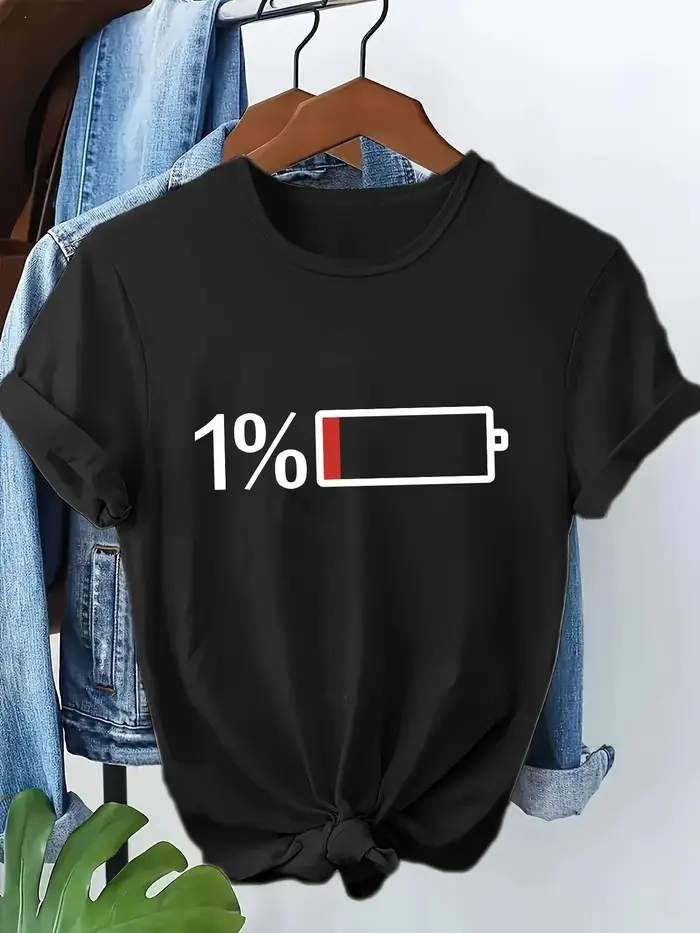 T-shirt décontracté d'été respirant pour femme à col rond et manches courtes avec imprimé lettres et motif batterie faible – Nouvelle collection mode