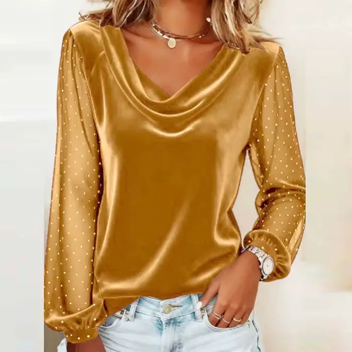 Femmes à manches longues col bénitier velours T-Shirt