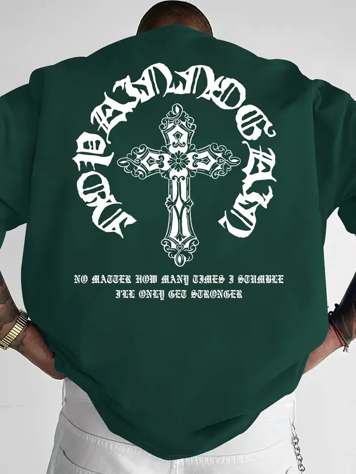 T-shirt gothique streetwear pour homme, imprimé graphique orné de croix et de cercles, col rond, man