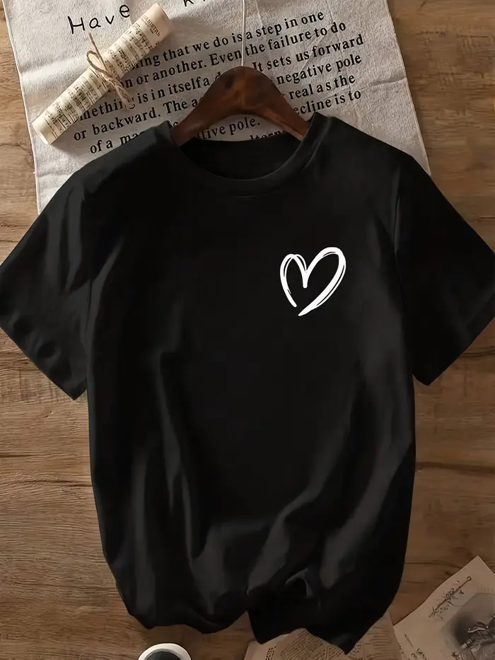 T-shirt à imprimé cœur, col rond décontracté, manches courtes, style urbain, imprimé, design classiq