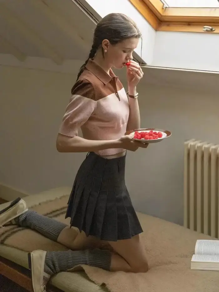 T-Shirt tricoté à col Polo contrasté français pour femmes