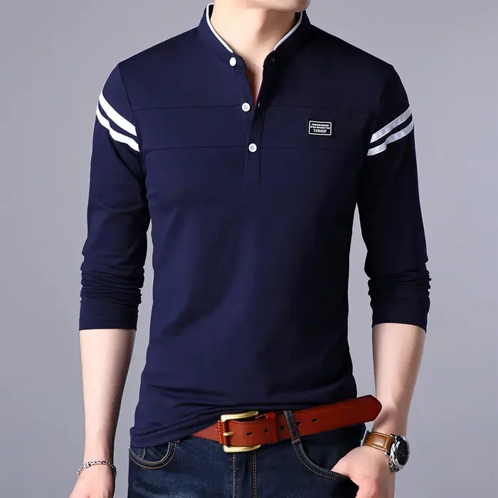 T-shirt POLO à manches longues pour hommes, décontracté, en coton, respirant, col montant, chemise c