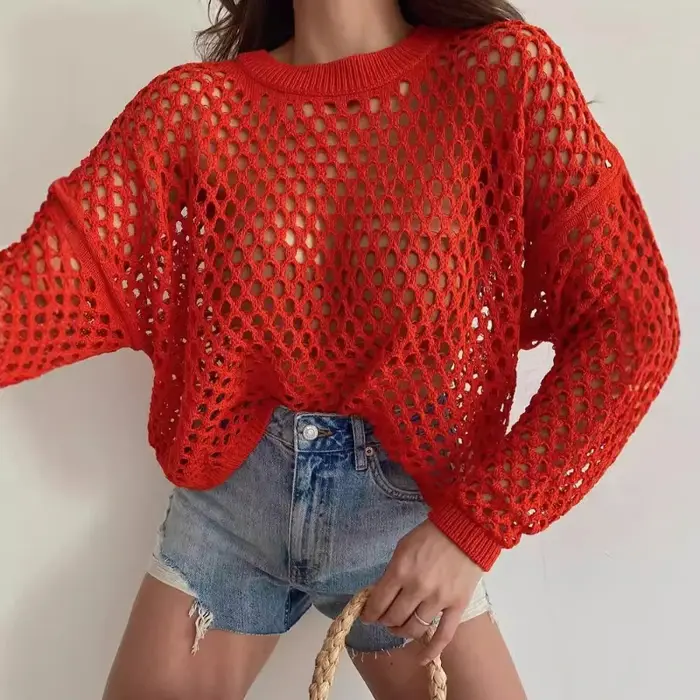 Pull ample à manches évasées et col rond pour femme, tricot ajouré