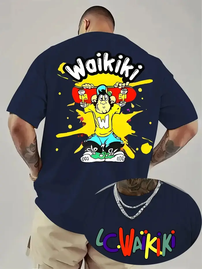 Waikiki T-shirt graphique pour hommes Bold Back Print Streetwear Tee Texture confortable
