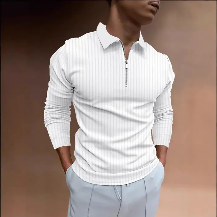 Polo pour hommes avec col, rayures, manches longues et fermeture éclair