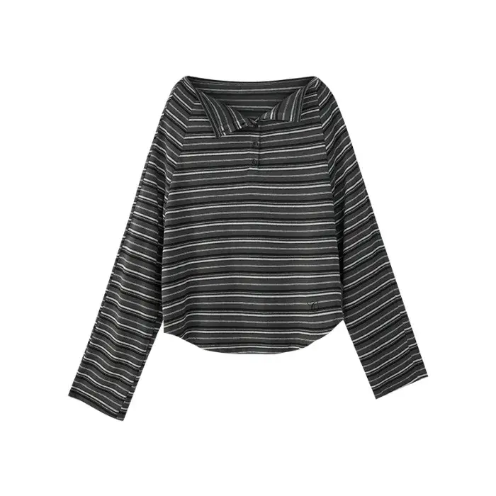 T-shirt ample à rayures en polyester, nouvelle collection automne, à épaules dénudées, manches longu