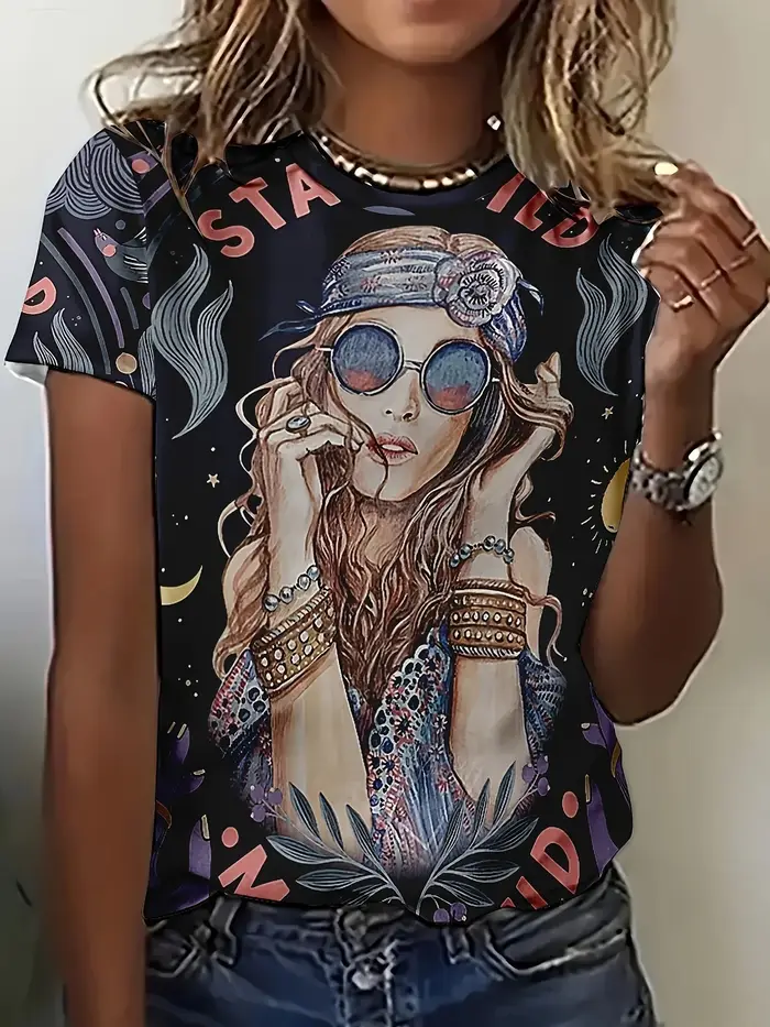 T-shirt noir bohème pour femme - Imprimé graphique fille hippie et étoile, design rétro bohème pour 