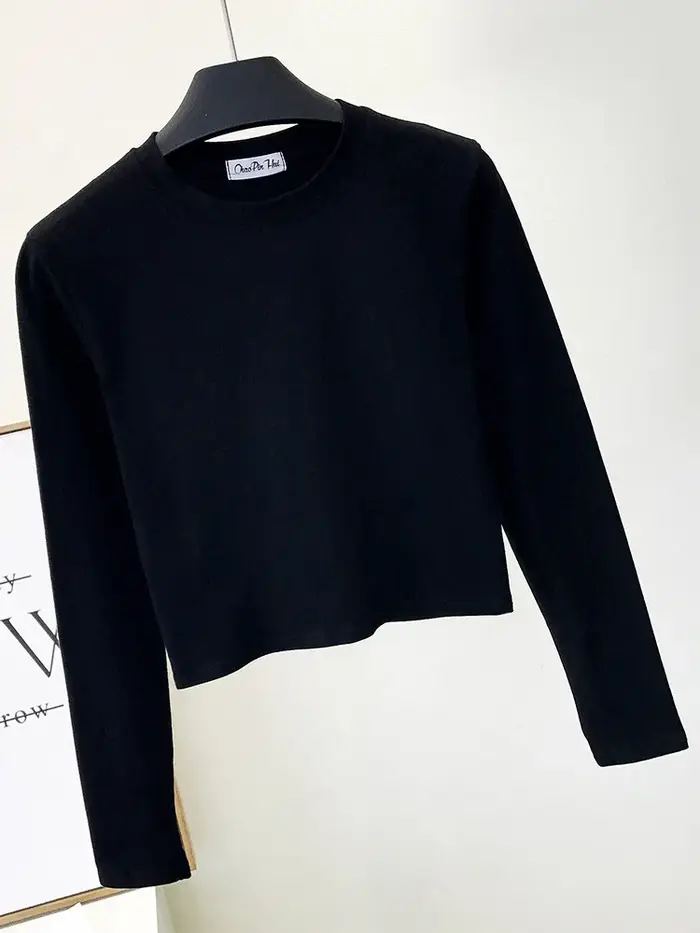 Vêtements en coton noir sexy pour femmes, col rond, manches longues, nombril, base d'automne, mode d