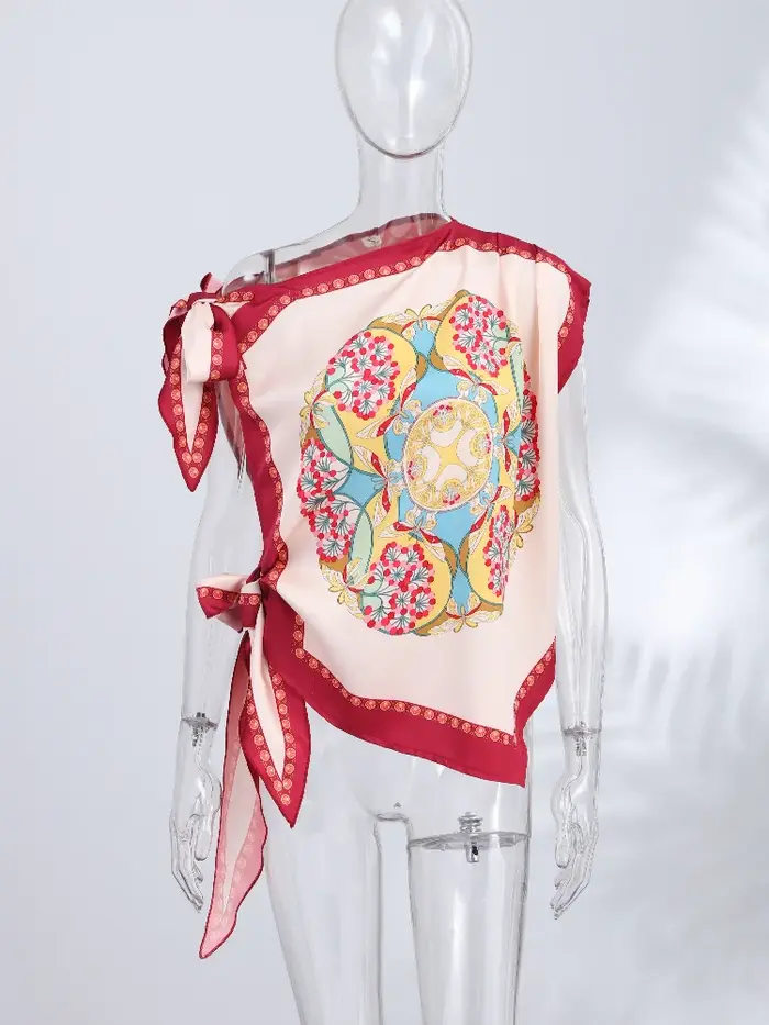 Nouveau débardeur asymétrique imprimé à une épaule avec lien pour femme, coupe ample et irrégulière, idéal pour la fête ou la plage