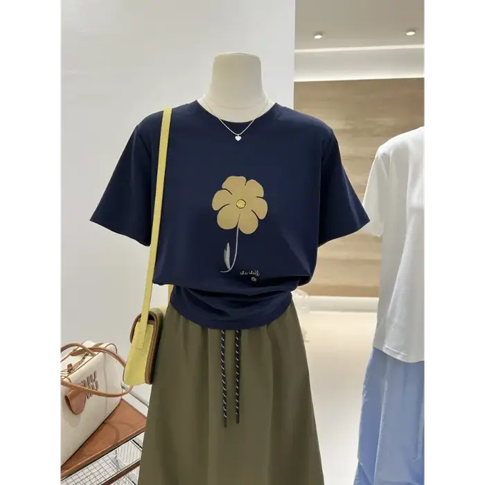 T-shirt à manches courtes imprimé Floral bleu marine pour femmes