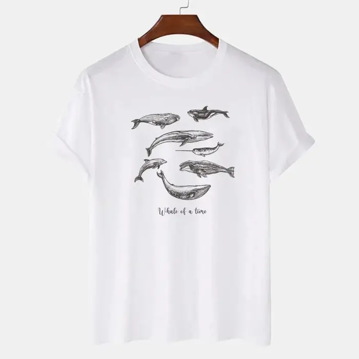T-shirt manches courtes femme, estival et doux, imprimé baleine d'un temps, Vegan Dolphin Sea, Vinta
