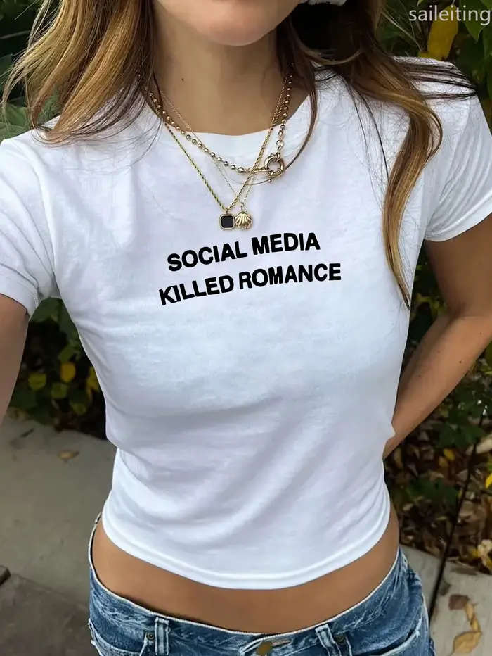 T-shirt haut court pour femme - "Social Media Killed Romance" imprimé graphique été tenue décontracté manches Harajuku