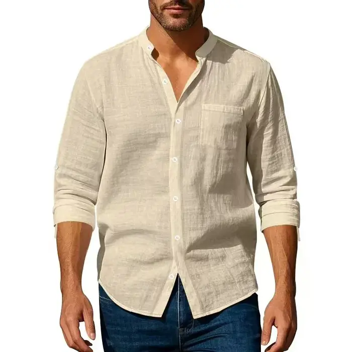 Chemise en coton et lin pour homme, col Henley, couleur unie, légère, respirante, coupe ajustée, sim