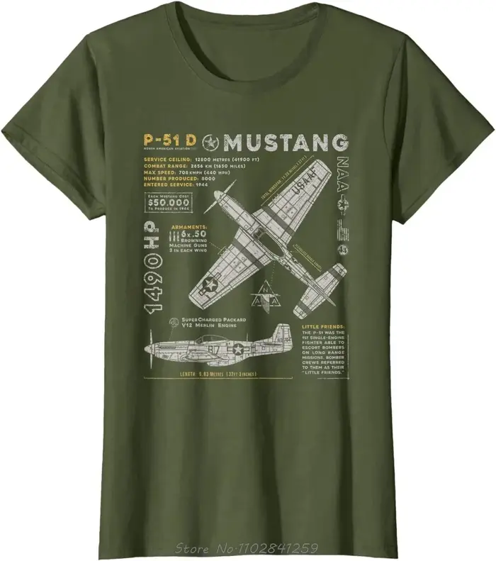 P-51 Mustang | Aviation nord-américaine Vintage avion de chasse T-shirt hommes vêtements mode déco