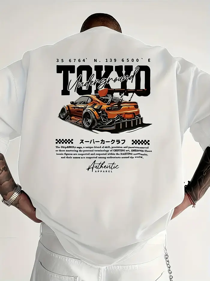 T-shirt pour homme élégant inspiré du JDM, avec graphisme de voiture Widebody et inscription « Tokyo