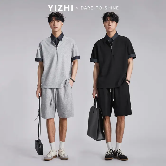 Ensemble Polo Homme Tendance à Col Contrastant et Demi-Zip Effet Deux Pièces