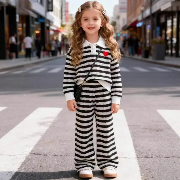 Ensemble deux pièces pour enfants, T-shirt à manches longues et col Polo rayé noir et blanc, nouvelle collection printemps/été 2026