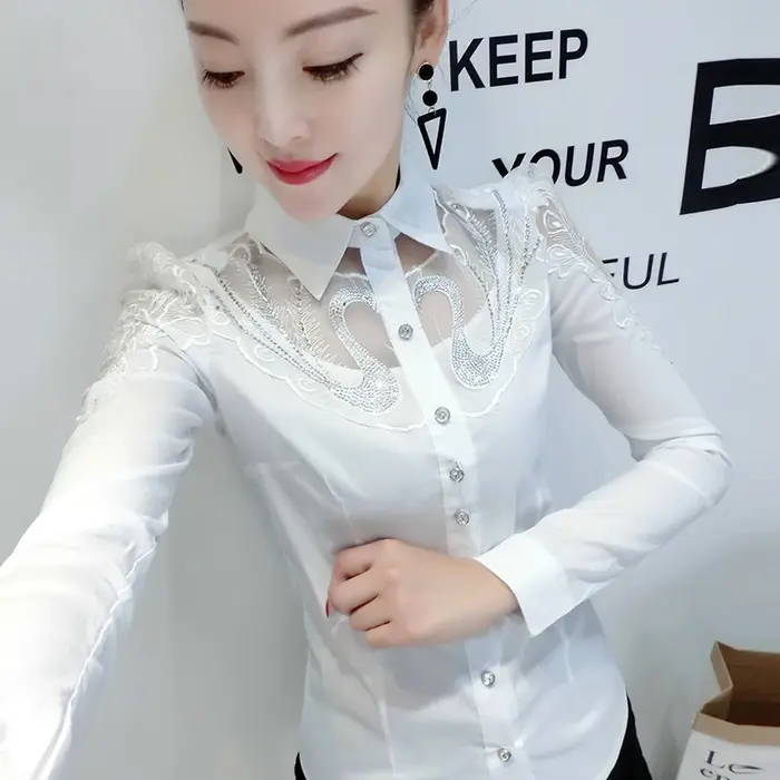 Automne nouveau à manches longues bureau dame hauts Patchwork femmes vêtements mode diamant dentelle broderie blouse