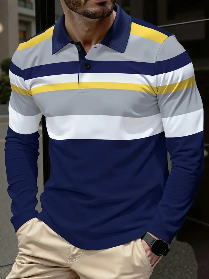 La nouvelle chemise POLO à manches longues pour hommes pour le printemps et l'automne 2025 présente un confort de la mode de rue et une impression rayée 3D